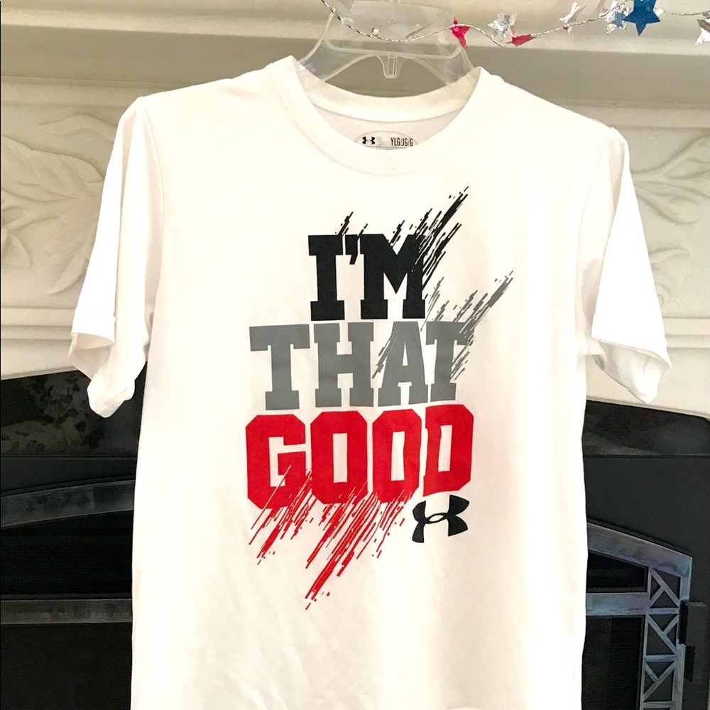 Under Armour Heat Gear Large kid. “I’m that Good” Excellent, like new!